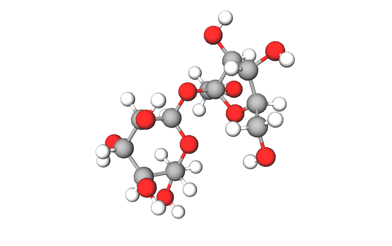 Prikazan je model molekule saharoze načinjen od kuglica i štapića. Saharoza koji nastaje povezivanjem glukoze i fruktoze pomoću jednog atoma kisika.
