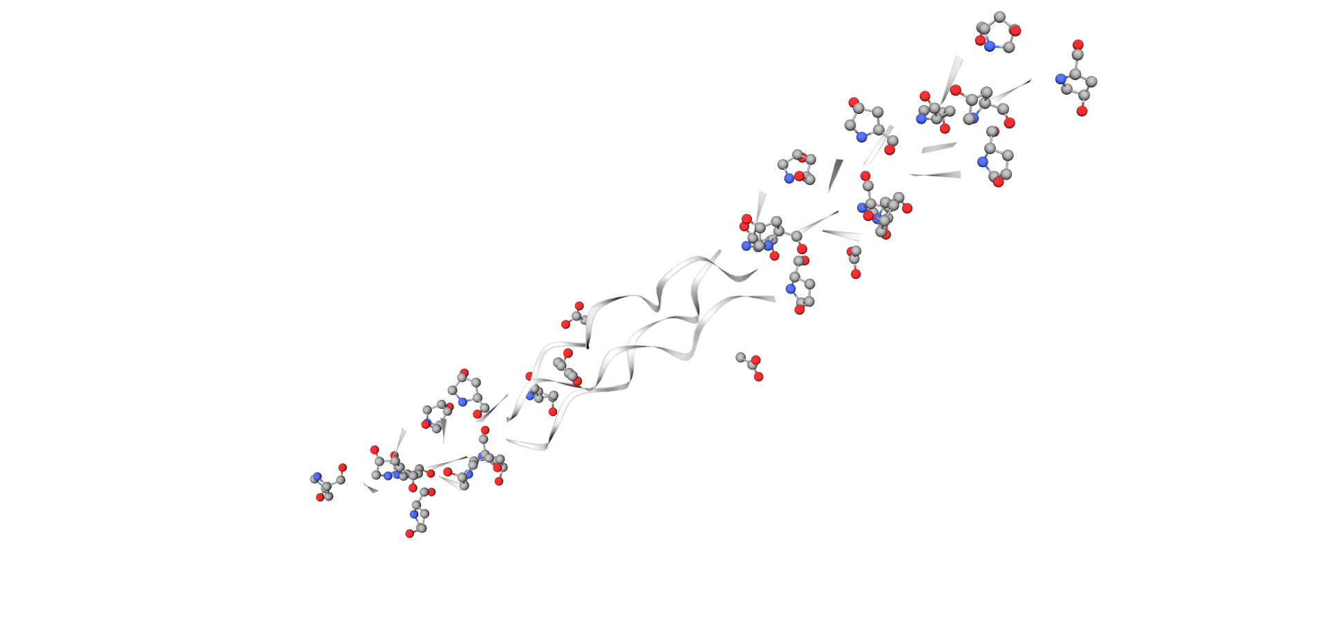 Prikaz modela strukture kolagena. Molekule su povezane lancima koji izgledaju poput srebrnih ukrasnih vrpci.