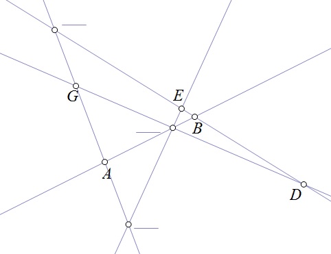 Na slici su točke A i B na jednom pravcu, E, B i D na drugom pravcu, G i D na trećem pravcuTe E na četvrtom