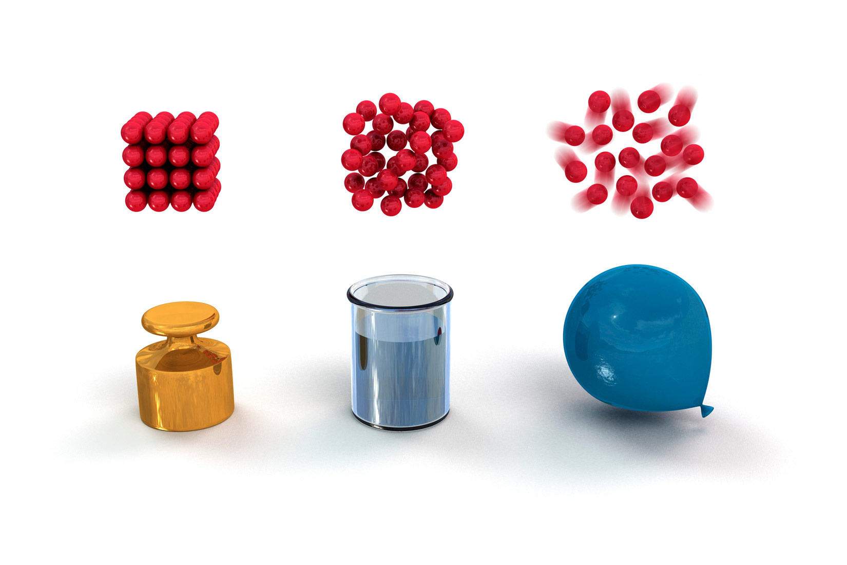 Na slici su prikazani predmeti različitih agregacijskih stanja i prikaz čestične građe tvari, Iznad svakog predmeta, čestice su prikazane kao crveni štapići. U čvrstoj tvari čestice se drže skupa čvrstim vezama. Čvrsta tvar na slici je zlatni uteg. U tekućem stanju čestice se drže labavije. Prikazana je plava posuda s vodom. U plinovitom stanju čestice su raspršene i veze su slabe. Prikazan je napuhani plavi balon.