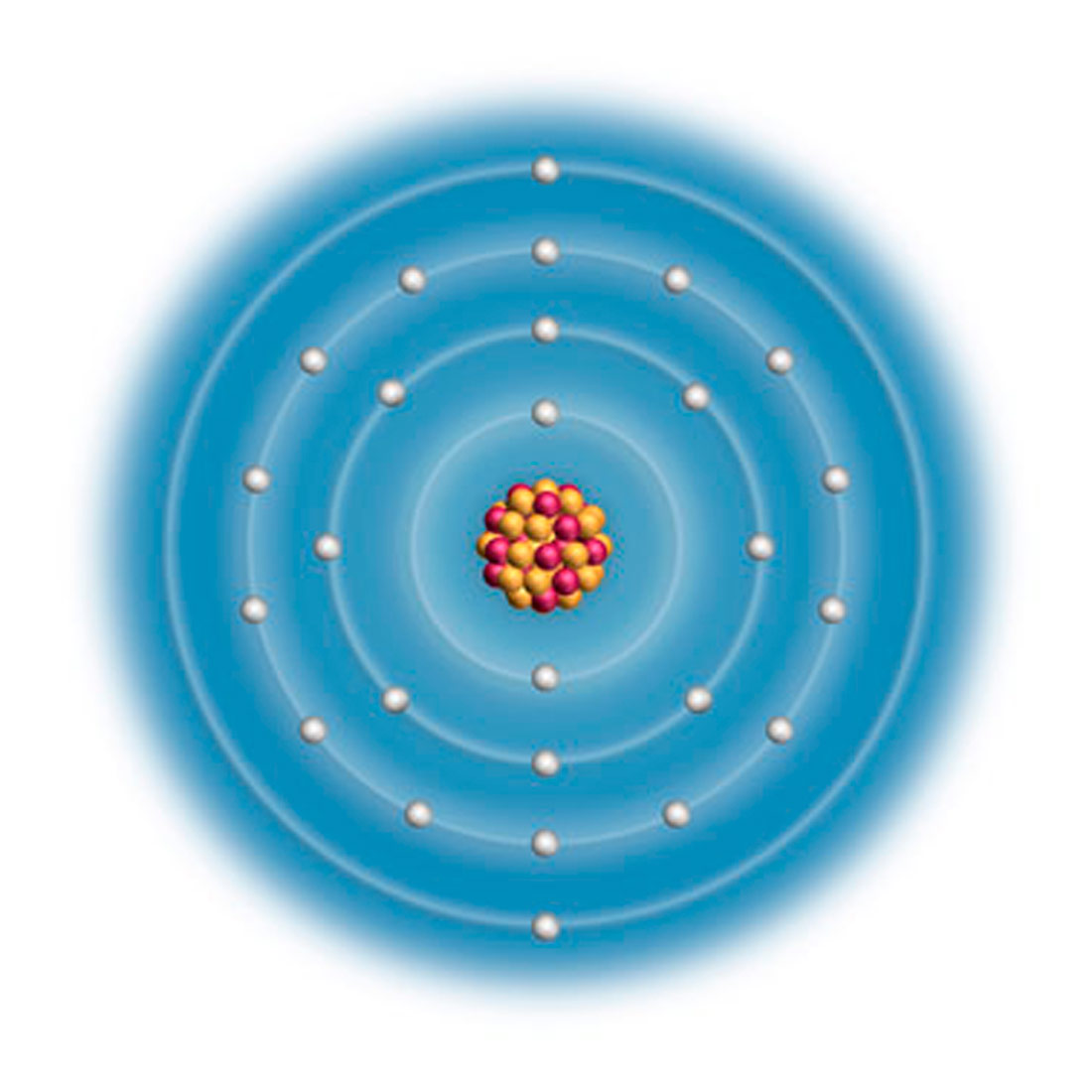 Na slici je prikazan model atoma željeza. U sredini atoma je jezgra prikazana kao okrugli, nabijeni skup protona i neutrona (žute i crvene kuglice). Omotač atoma ima oblik koncentričnih krugova u kojima se nalaze elektroni.U prvom krugu 2 elektrona, u drugom 8 elektrona, u trećem 14 elektrona i četvrtom krugu 2 elektrona. Imju oblik kuglica bijele boje. Elktroni su u krugovima pravilno rapoređeni