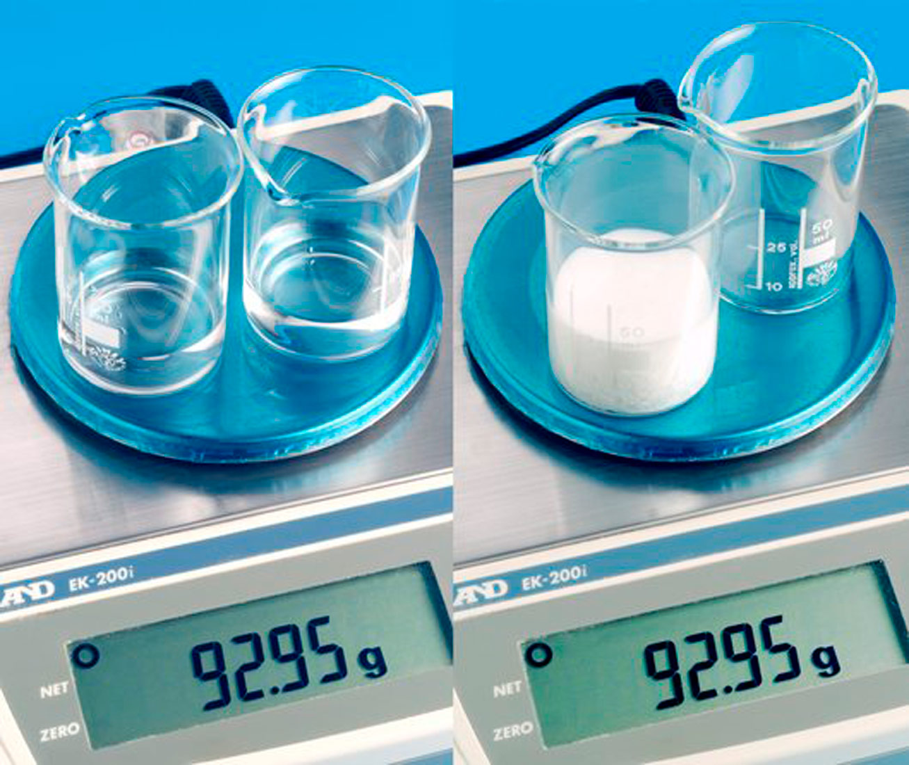 Na slici su prikazane dvije slike , jedna pokraj druge. Na prvoj slici je digitalna vaga na kojoj su dvije čaše s otopinom srebrova nitrata i natrijevog klorida . Vrijednost na vagi pokazuje masu od 92.95 g. Na drugoj vagi su prikazane dvije čaše . Jedna s bijelim prahom do pola čaše srebrovog klorida i druga čaša s otopinom natrijevog nitrata. I na drugoj slici vrijednost mase na digitalnoj vagi pokazuje 92.95 g. Možemo zaključiti da nakon kemijske reakcije masa tavri je ostala ista.