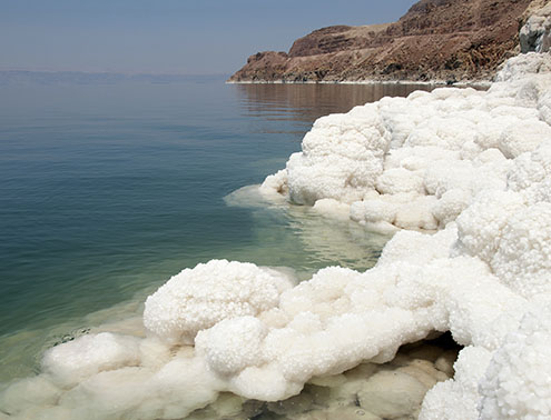 Fotografija prikazuje slanu vodu Mrtvog mora s kristalima soli (Jordan). Nakupine soli na obali mora izgledaju poput glavica cvjetače. Ima ih vrlo mnogo, stoga je cijela obala bijela.