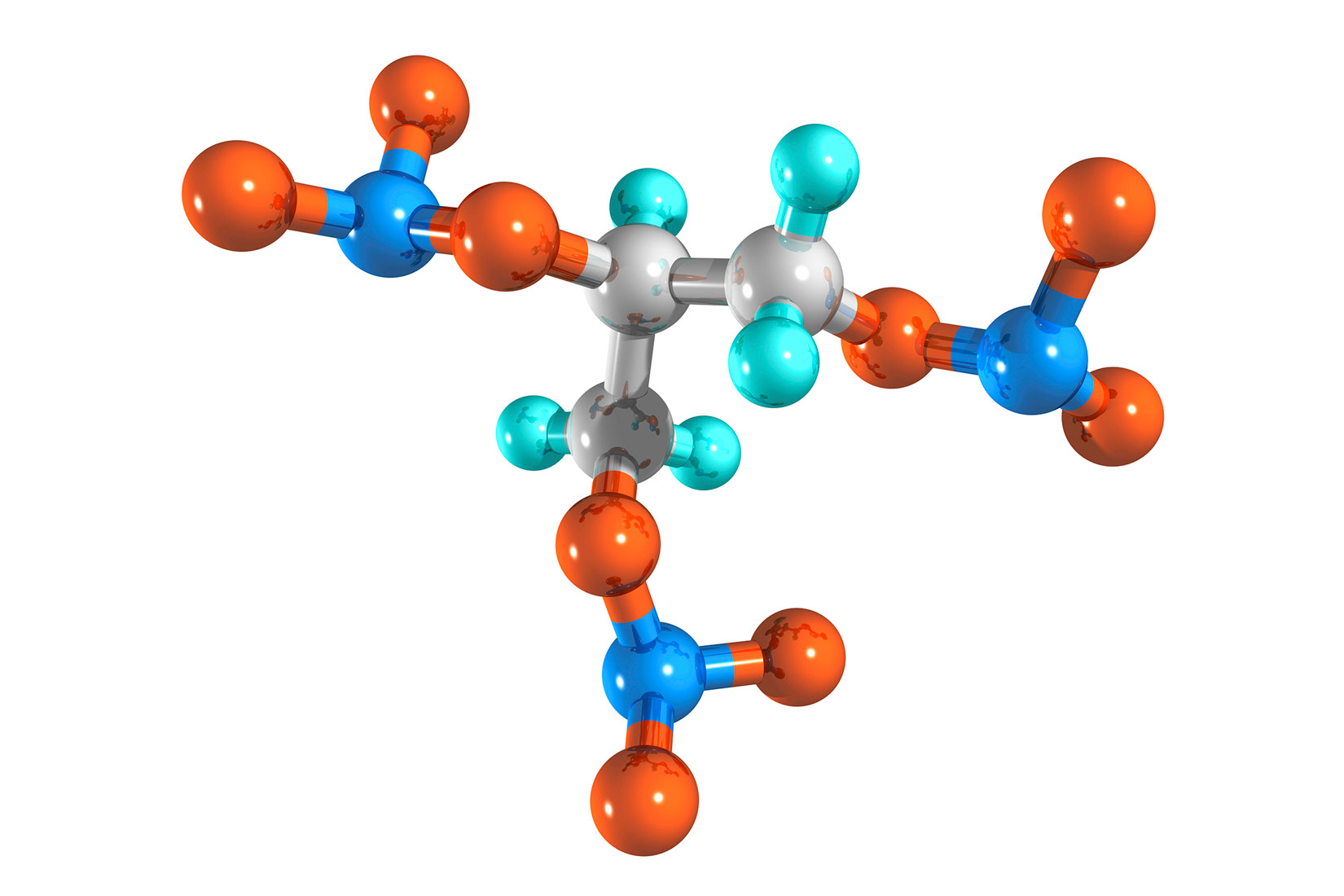 Fotografija prikazuje model molekule nitroglicerina sastavljen od kuglica i štapića.