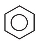 Fotografija prikazuje strukturnu formulu benzena. Na bijeloj podlozi je crni šesterokut unutar kojeg je crna kružnica.