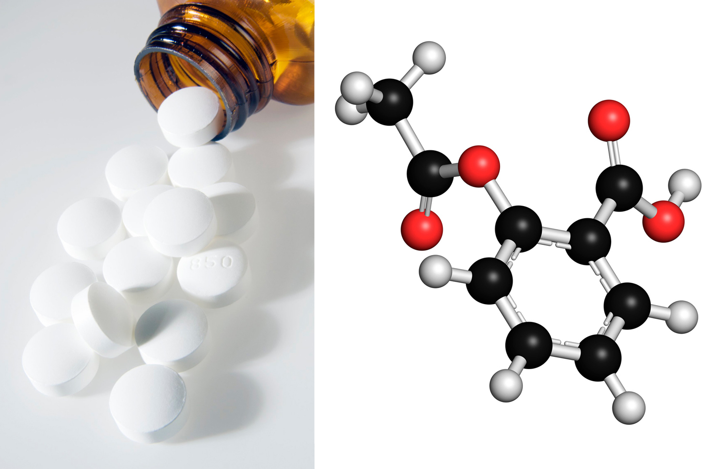 Uzorak aspirina i model molekule acetilsalicilne kiseline načinjen od kuglica štapića