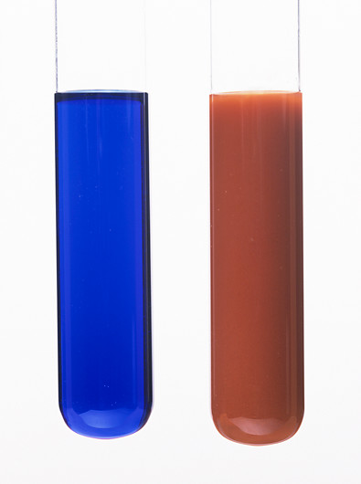 Prikazana je Fehlingova reakcija za dokazivanje glukoze. U prvoj epruveti je tekućina intenzivne plave boje, reakcijska smjesa uzorka koji sadrži glukozu i Fehlingov reagens. Plava boja reakcijske smjese potječe od bakrova dvovalentnog iona. Druga epruveta prikazuje istu reakcijsku smjesu, ali nakon kraćeg zagrijavanja. Reakcijska smjesa mijenja boju iz plave u crvenosmeđu. Crvenosmeđa boja reakcijske smjese u drugoj epruveti posljedica je redukcije bakrovih dvovalentnih iona, u bakrove jednovalentne ione.