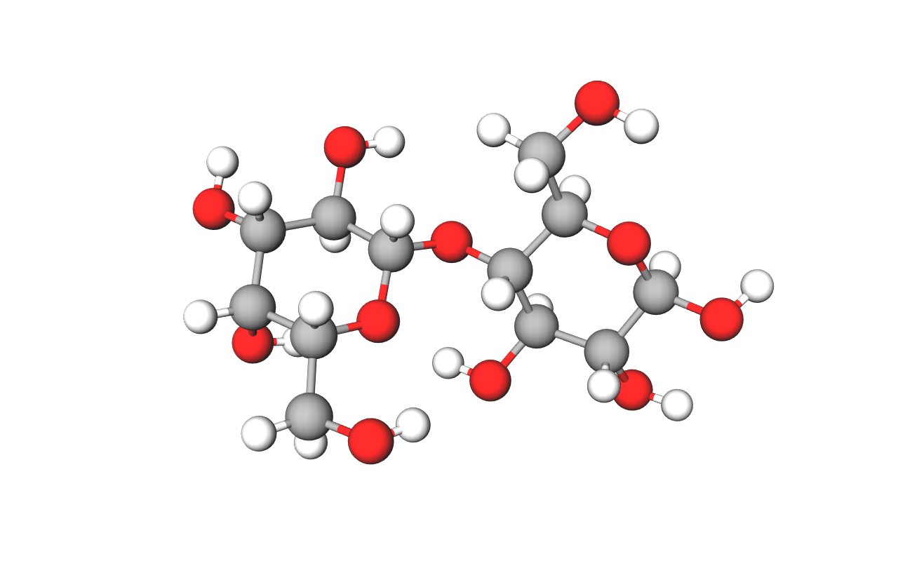 Prikazan je model molekule laktoze načinjen od kuglica i štapića. Laktoza nastaje povezivanjem galaktoze i glukoze. Povezuje ih jedan atom kisika.
