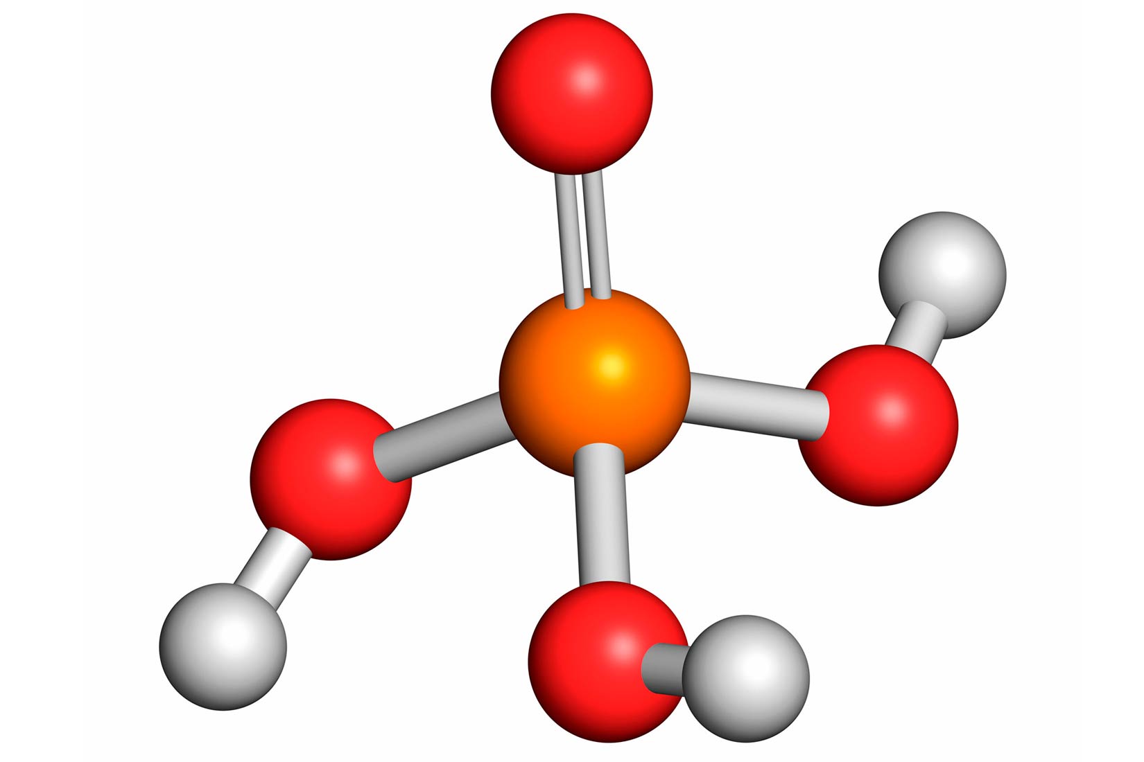 Fotografija prikazuje model molekule fosforne kiseline izrađen od kuglica i štapića. U sredini se nalazi jedna naranđasta kuglica, oko nje su štapićima povezane četiri crvene kuglice te tri bijele kuglice.