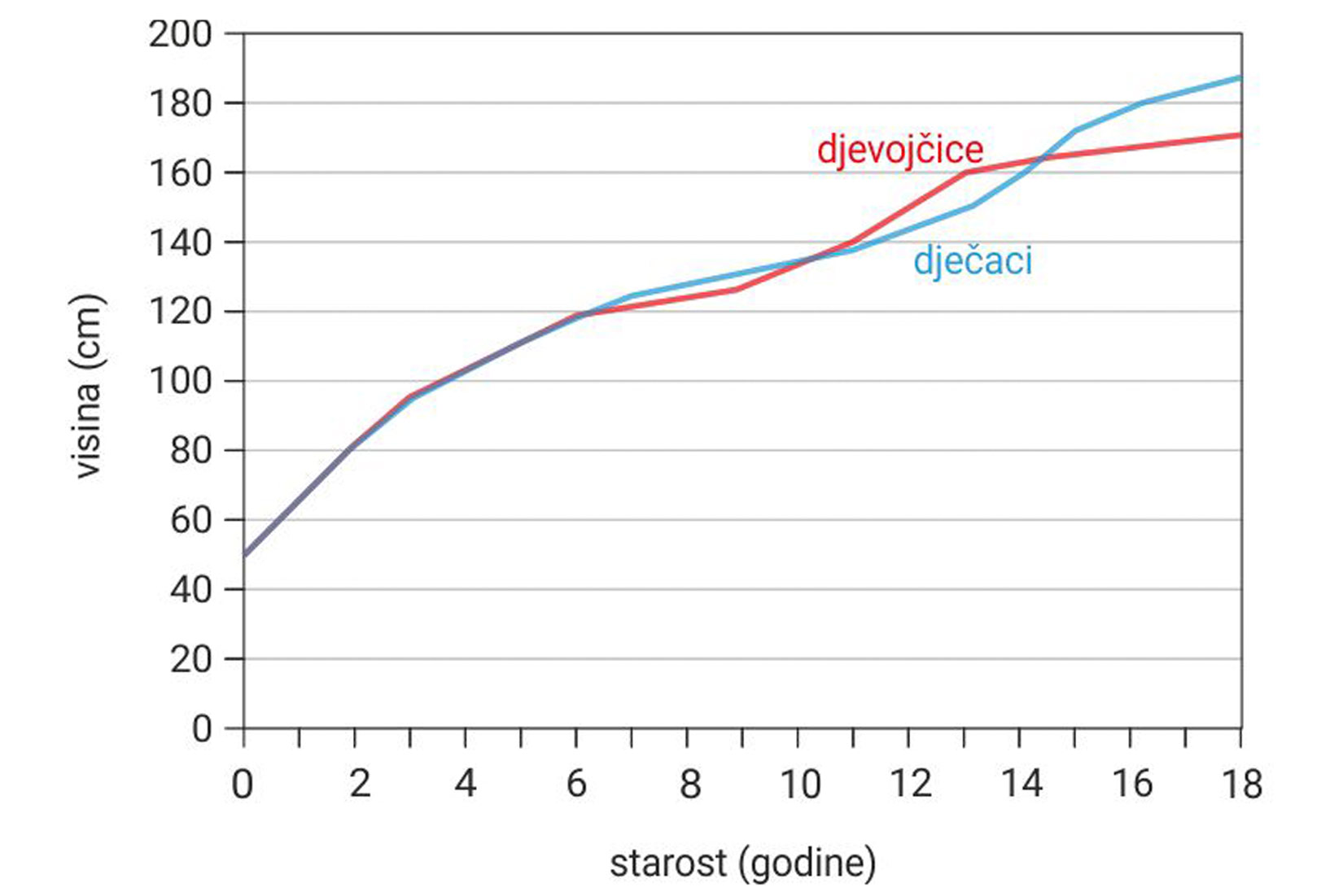 Slika 1. Graf prikazuje na y osi visinu u cm (od 0-200), a na x osi starost u godinama (od 0 do 18). Plava linija prikazuje dječake, crvena djevojčice. Jednako rastu do 6. godine, kad dječaci krenu malo više rast, od 10 godine se to mijenja pa djevojčice tad više rastu, a od oko 15. godine se to opet mijenja i dječaci rastu viši nego djevojčice.