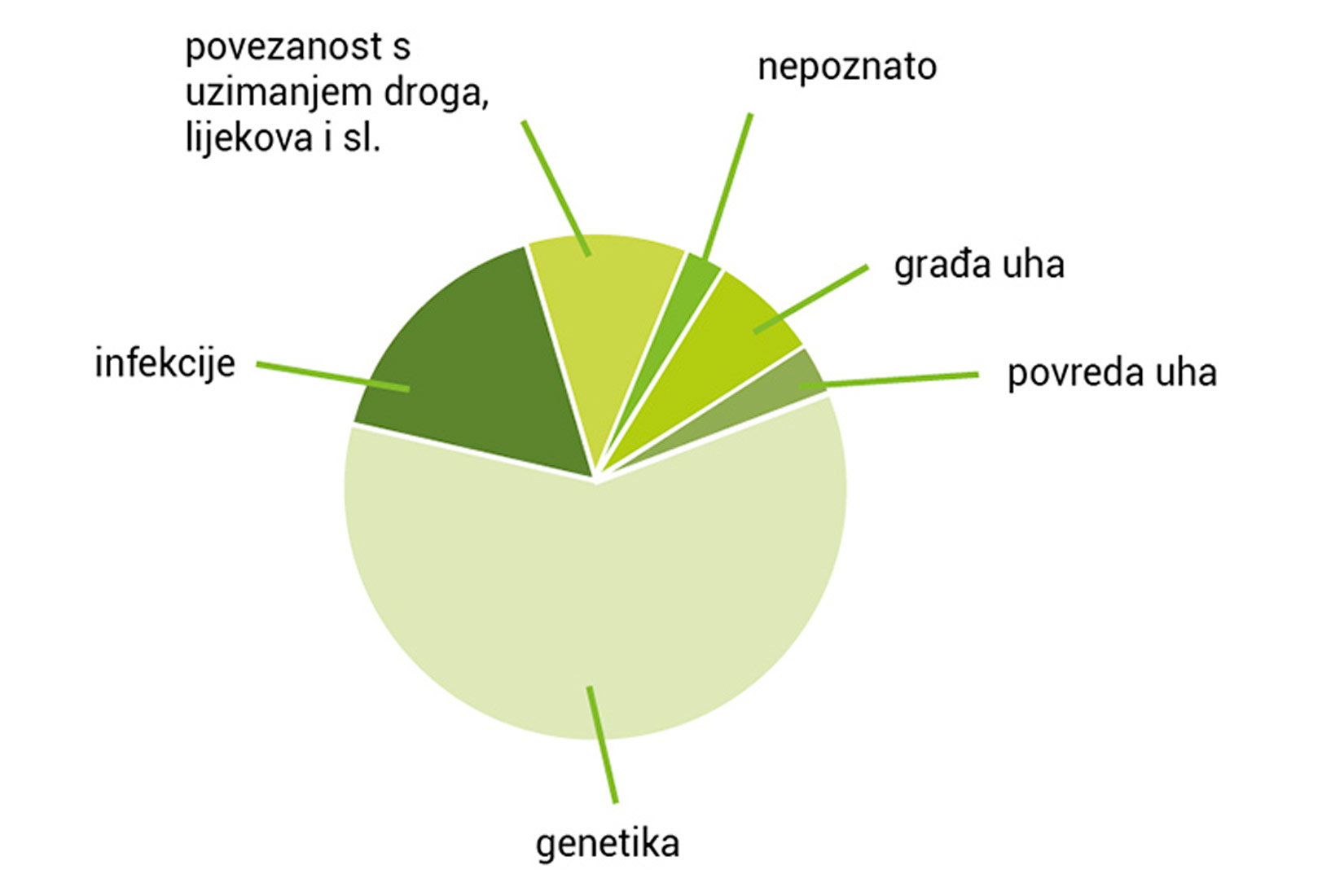 Slika prikazuje pie chart na kojem je označeno da je najveći uzrok gubitka sluha genetika, zatim infekcije pa povezanost s uzimanjem droga, lijekova i sličnog, zatim građa uha pa povreda uha i na kraju mali dio ostaje nepoznat.