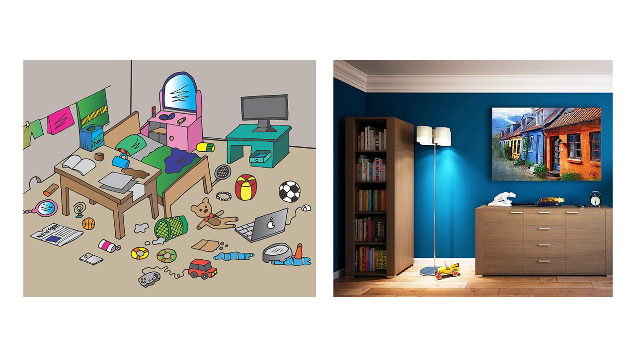 Na lijevoj strani slike nalazi se soba s razbacanim stvarima, od igračaka i knjiga do elektroničke opreme, pribora i odjeće, a na desnoj soba s uredno posloženim knjigama u ormaru i ukrasnim predmetima na komodi.