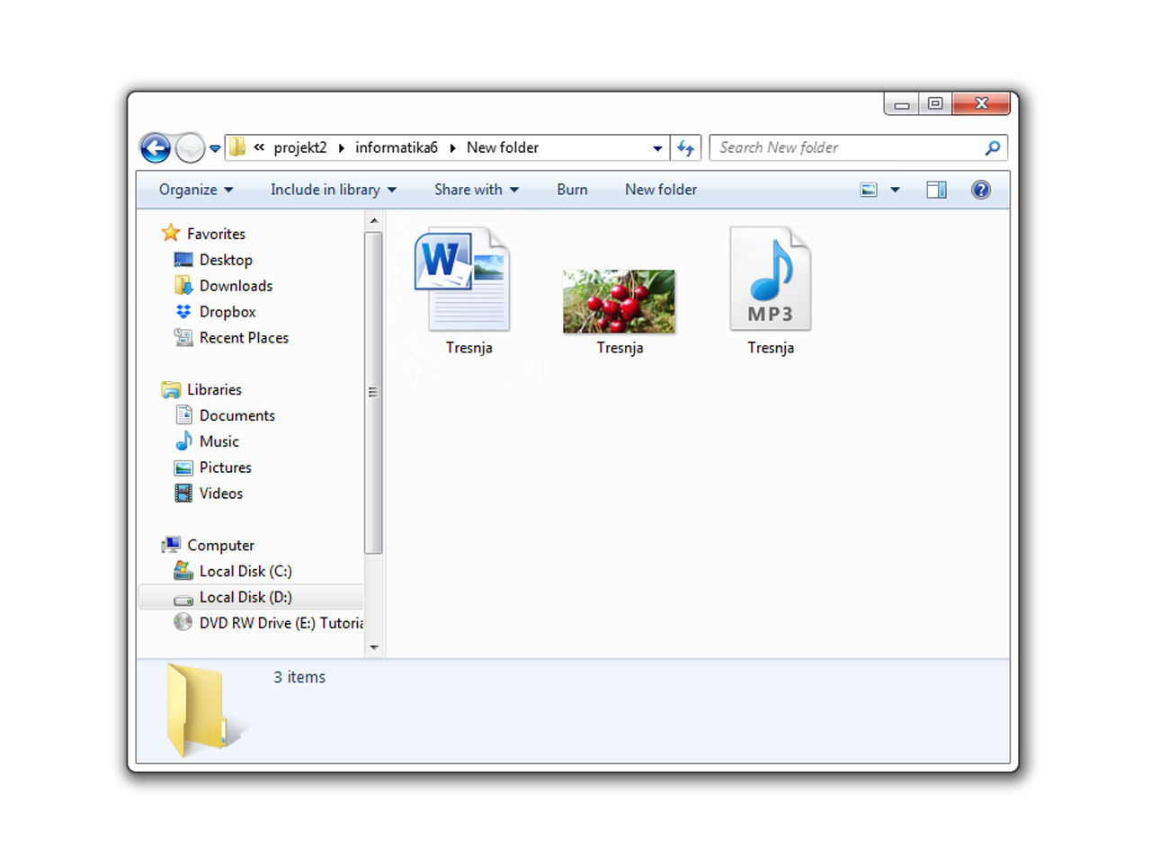 Zaslon Explorera s tri datoteke istog imena 