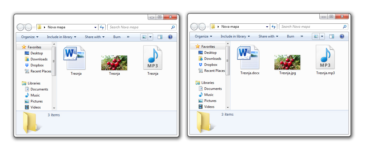 Paraleni zasloni u Exploreru. S lijeve je strane prikaz datoteka bez datotečnih nastavaka, a s desne prikaz datoteka s datotečnim nastavkom. Datotečni nastavak tekstualnog dokumenta je .docx, za sliku je to .jpg, a za zvučnu datoteku .mp3.