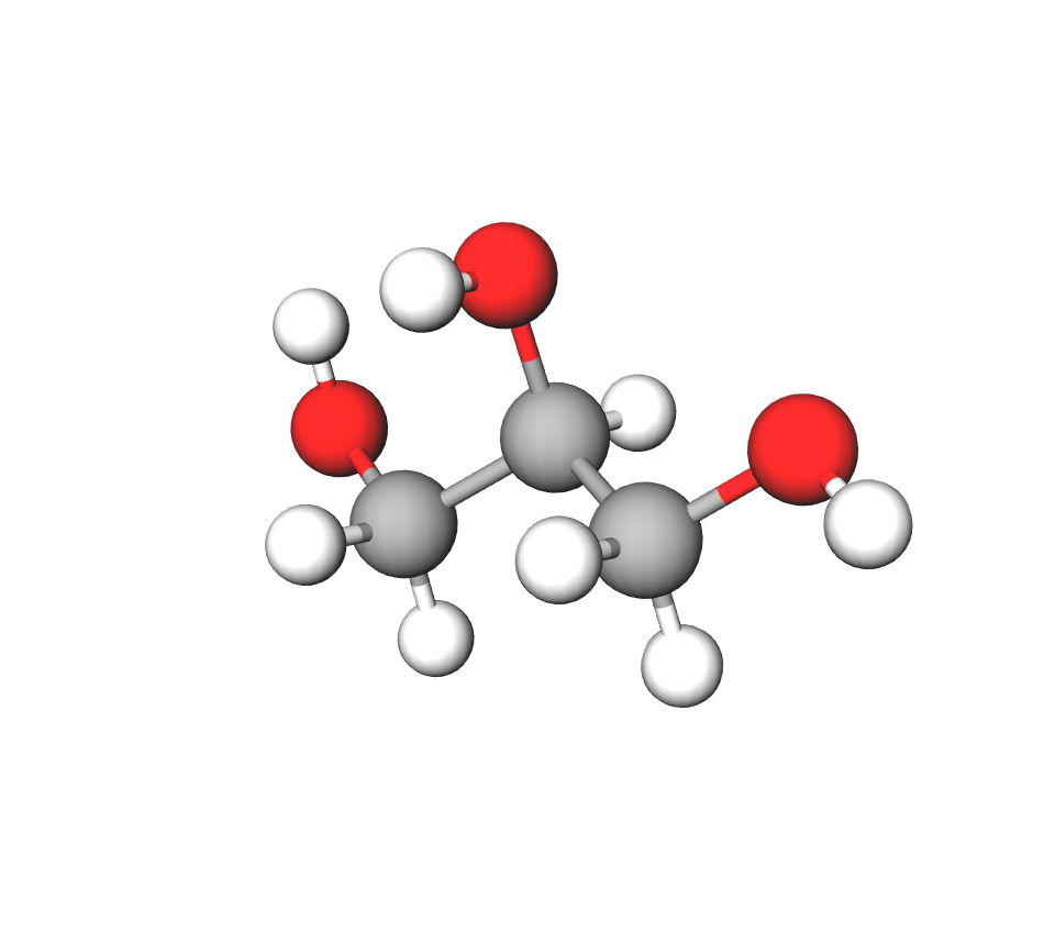 Model molekule alkohola propan-1,2,3-triola načinjen od kuglica i štapića. Na lanac od 3 atoma ugljika nadovezuje se 8 atoma vodika i 3 atoma kisika.