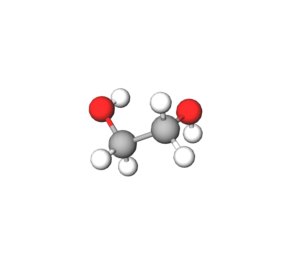 Model molekule alkohola etan-1,2-diola načinjen od kuglica i štapića. Dva atoma ugljika povezana su jednostrukom vezom. Na svakog od njih nadovezuju se po tri atoma vodika i jedan atom kisika.
