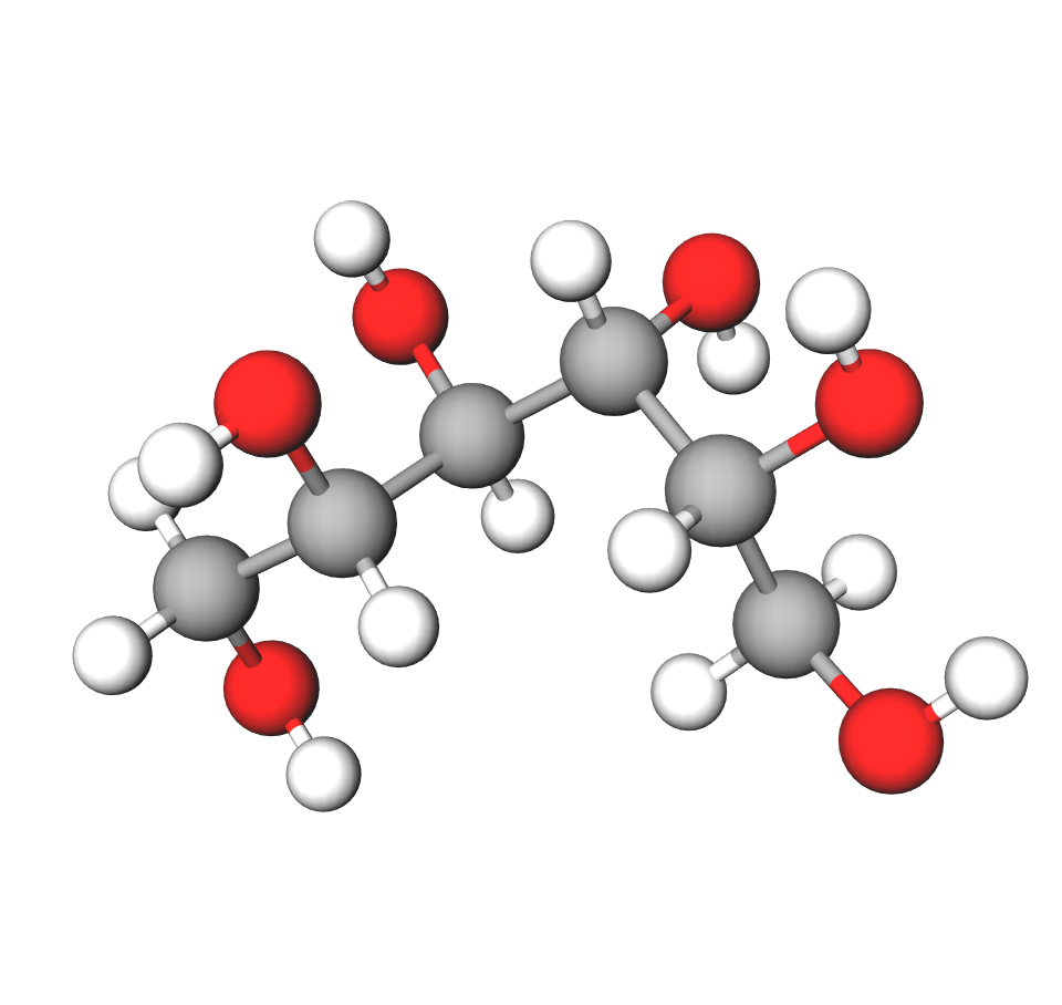 Model molekule alkohola sorbitola načinjen od kuglica i štapića. Šest atoma ugljika koji su prikazani sivim kuglicama povezani su jednostrukim vezama u lanac. Od lanca se granaju atomi vodika i kisika.