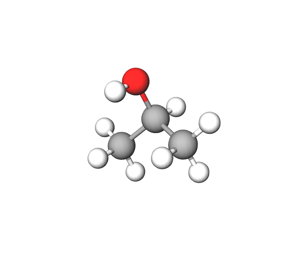 Model molekule alkohola propan-2-ola načinjen od kuglica i štapića. Od lanca od 3 atoma ugljika grana se 8 atoma vodika i jedan atom kisika.