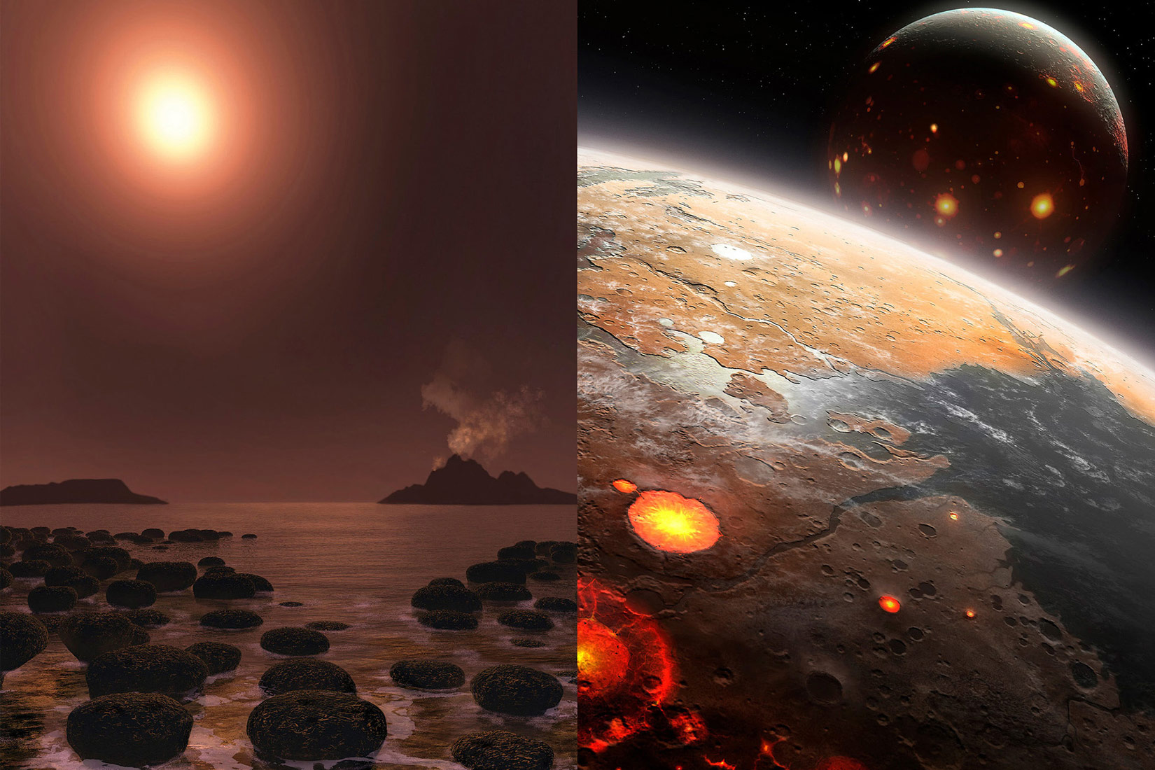 Slika 1. Slika se sastoji od dvije slike koje prikazuju tijek formiranja Zemlje. Prva slika prikazuje morsku površinu u tami na početku formiranja, a druga slika prikazuje dio zemljine površinu tijekom formiranja