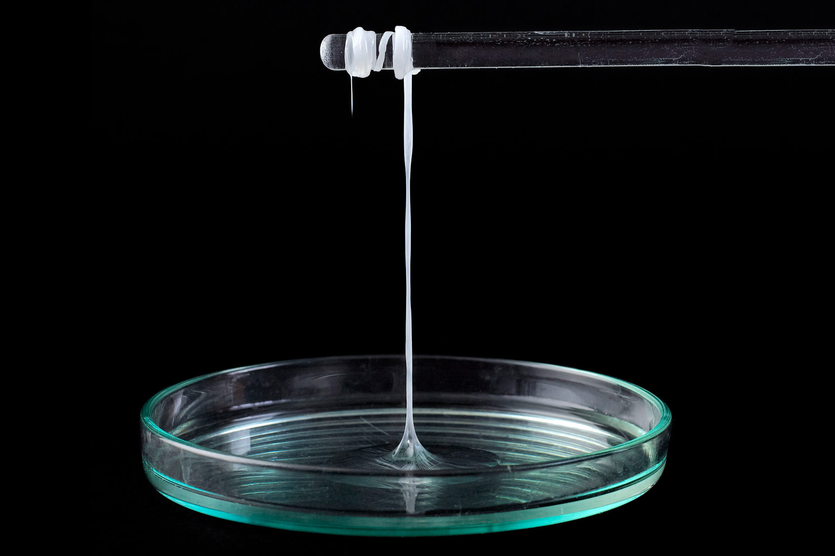 Slika prikazuje Petrijevu posudicu iz koje se staklenim štapićem izvlače vlakna najlona.