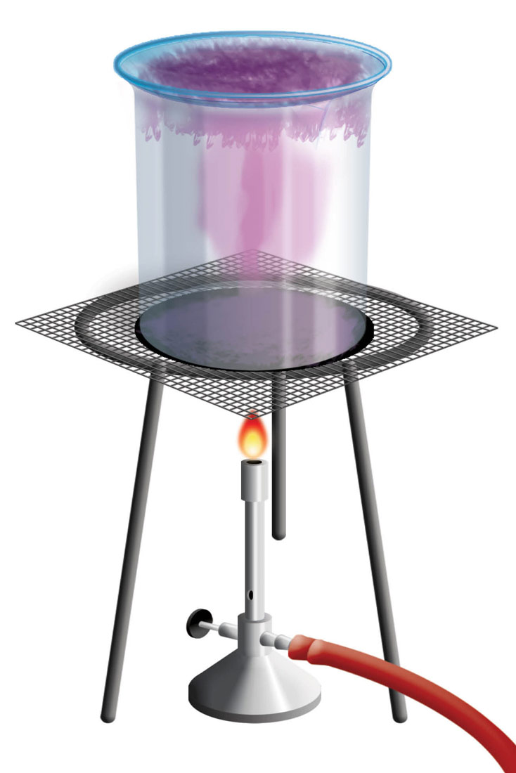 Na slici je prikazana sublimacija joda od kuhinjske soli..Na ploči , iznad plamenika, zagrijava se otopina joda i kuhinjske soli koja se nalazi u staklenoj čaši. U čaši se vidi ružičasta para koja se nakuplja pri vrhu. Jod se isprava i sublimira.Gore, na površini čaše prikazani su kristali joda . Pri hlađenju došlo je do kristalizacije joda.