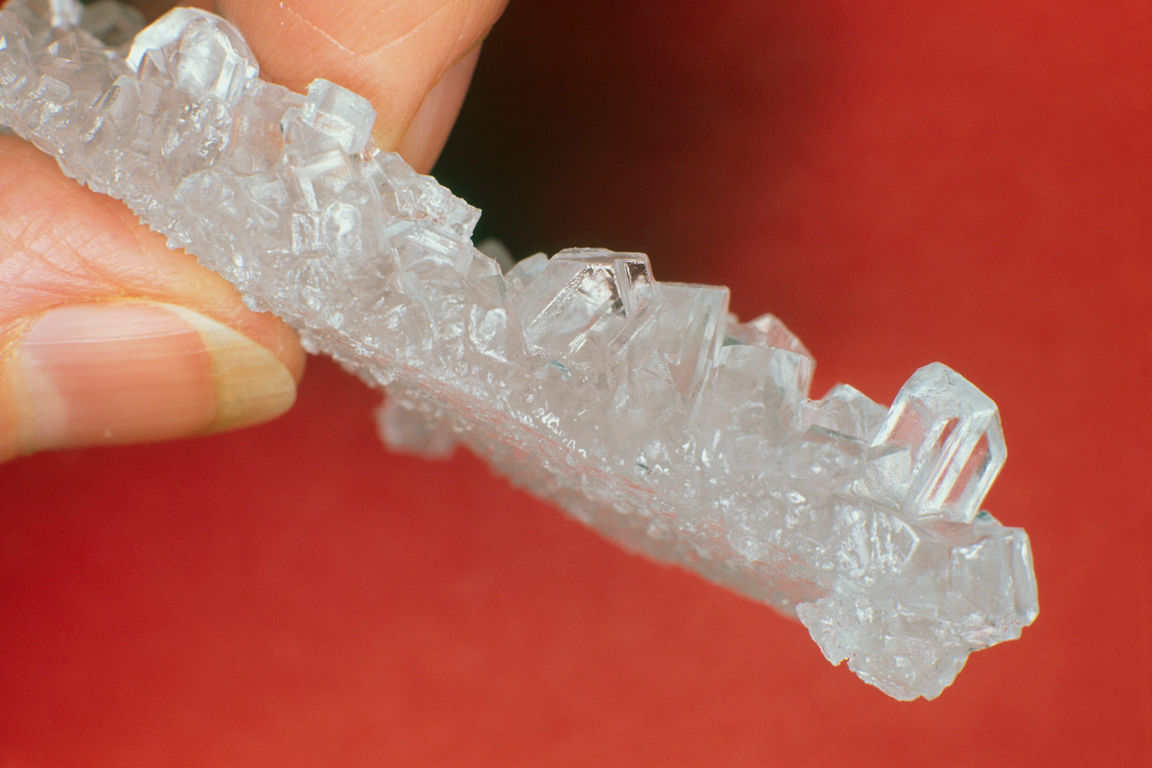 Na slici je prikazan kristali kuhinjske soli na crvenoj podlozi. Prozirni su i izgledaju poput dugog prozirnog štapića s hrapavom površinom na kojoj su ispupčeni pravilni oblici. Štapić kristala drži ženska ruka između palca i kažiprsta (prikazani su samo prsti).