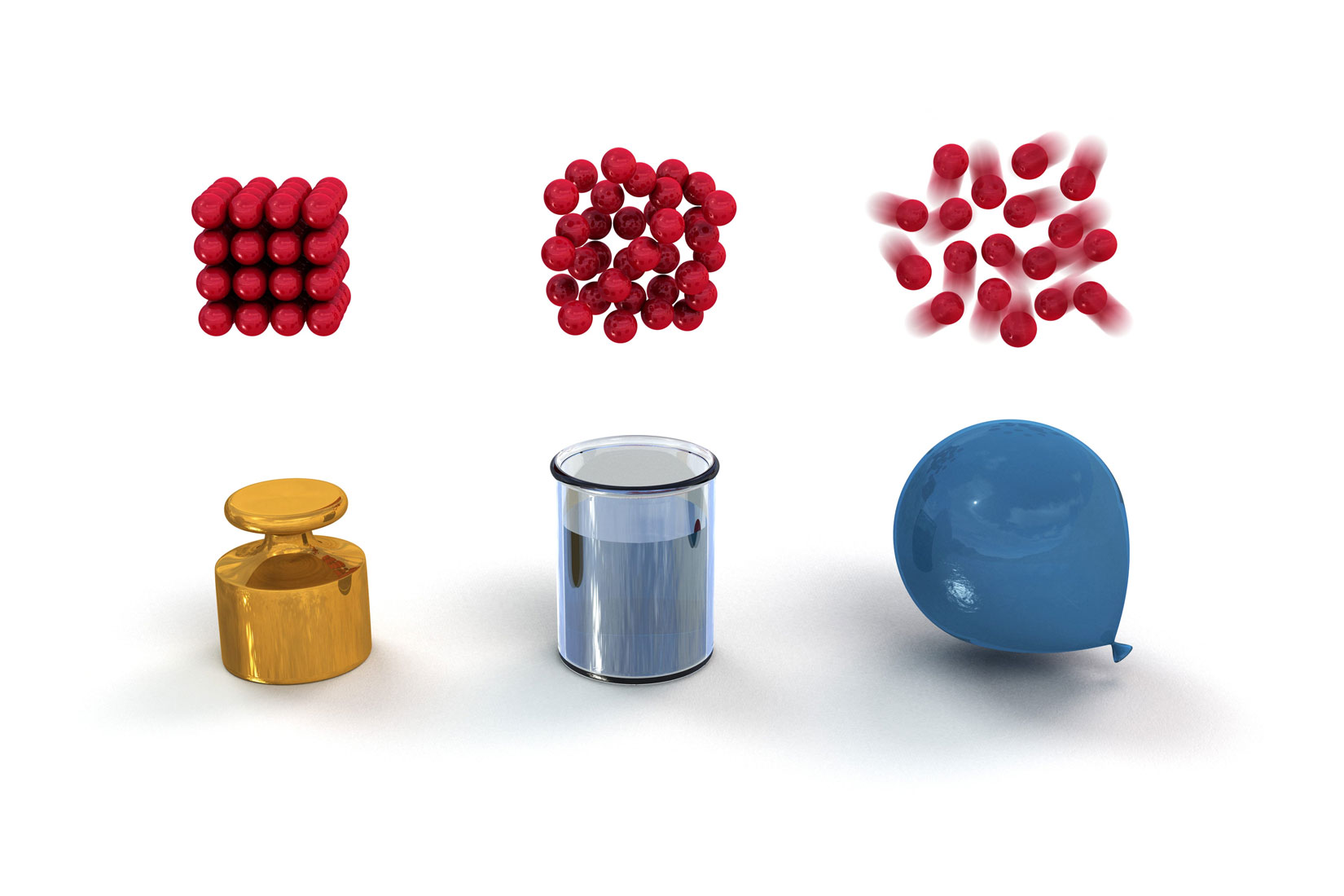 Fotografija prikazuje shematski prikaz agregacijskih stanja tvari. iznad utega zlatne boje je strukturno prikazana kruto stanje. Iznad posude sprozirnom tekućinom je prikazano tekuće stanje.Iznad napuhanog balona je prikazano plinovito stanje.Stanje u kojem će se tvar nalaziti ovisi o stupnju uređenosti strukture, odnosno o privlačnim silama između čestica.