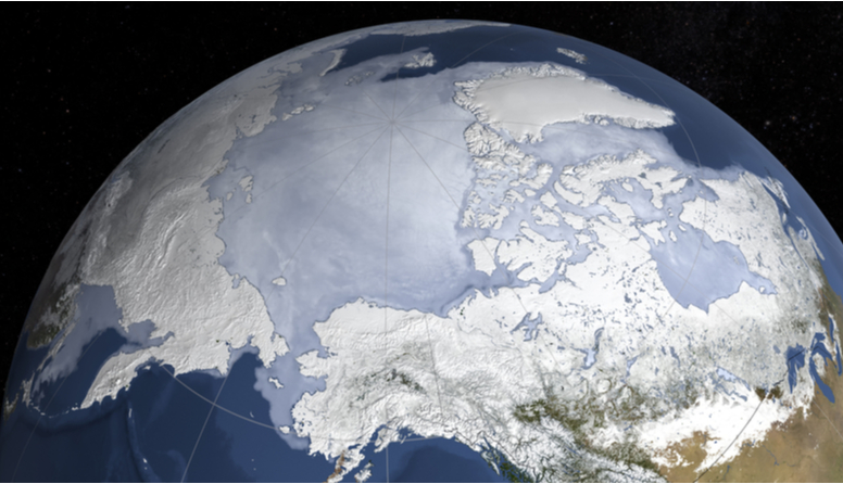 Arktički krug. Slika prikazuje snijegom i ledom prekriveno područje oko sjevernog geografskog pola Zemlje na kojem se nalazi Kanada, Aljaska, otok Grenland i sjeveroistočna područja Rusije