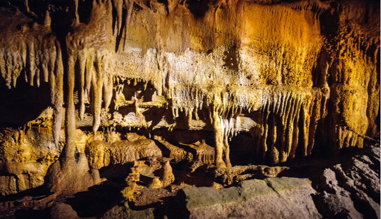 Mamutova špilja, SAD. Fotografija prikazuje špilju narančastog odsjaja i vrlo niskog stropa s kojega poniru brojni stalagtiti koji špilji daju izgled čeljusti s brojnim očnjacima. 