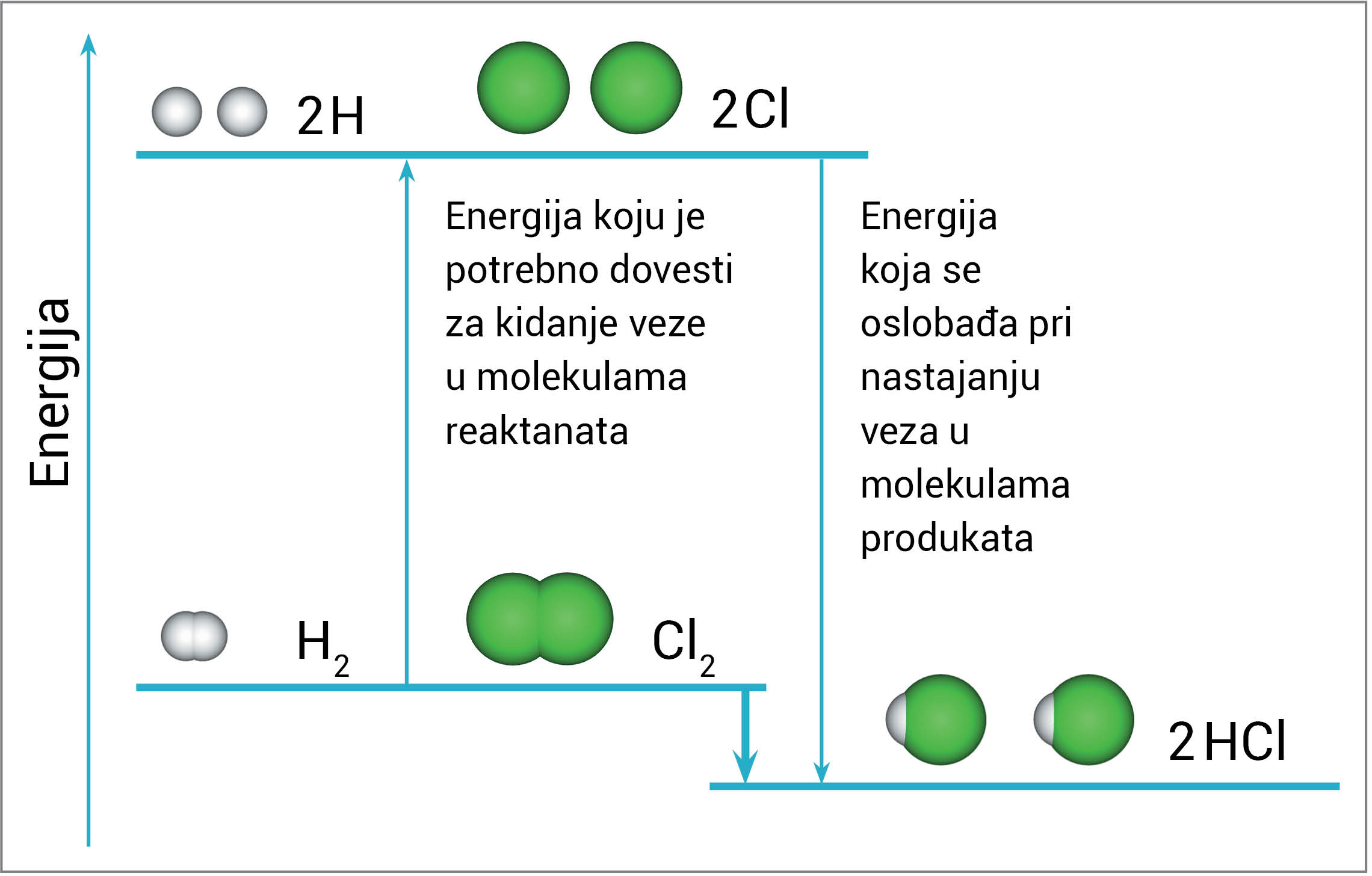 Fotografija prikazuje shamatski prikaz sinteze klorovodika iz vodika i klora. Na shemi su zapisana sljedeća dva nalaza. Ispod dvije zelene molekule klora piše: energija koju je potrebno dovesti za kidanje veze u molekulama reaktanata. Iznad dvije molekule klorovodika piše: energija koja se oslobađa pri nastajanju veza u molekulama produkta.