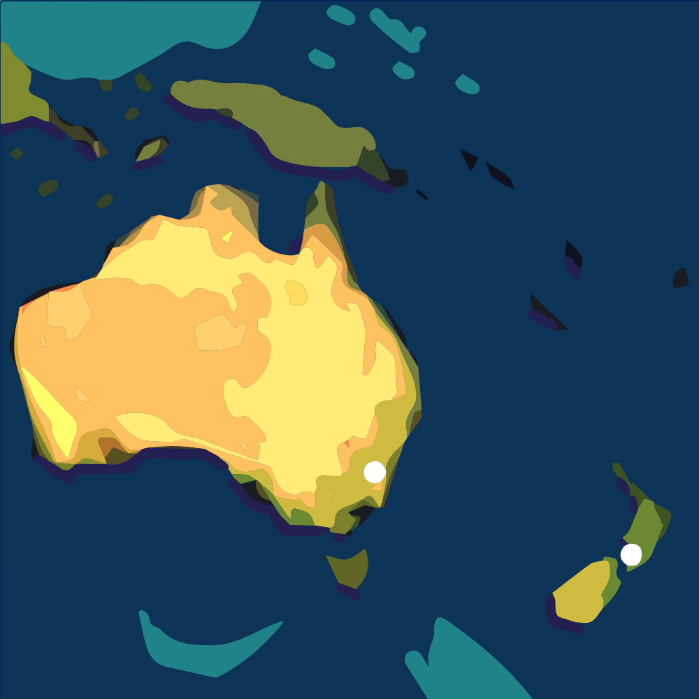 Map of Australia and New Zeland with their capitals, Canberra and Wellington.