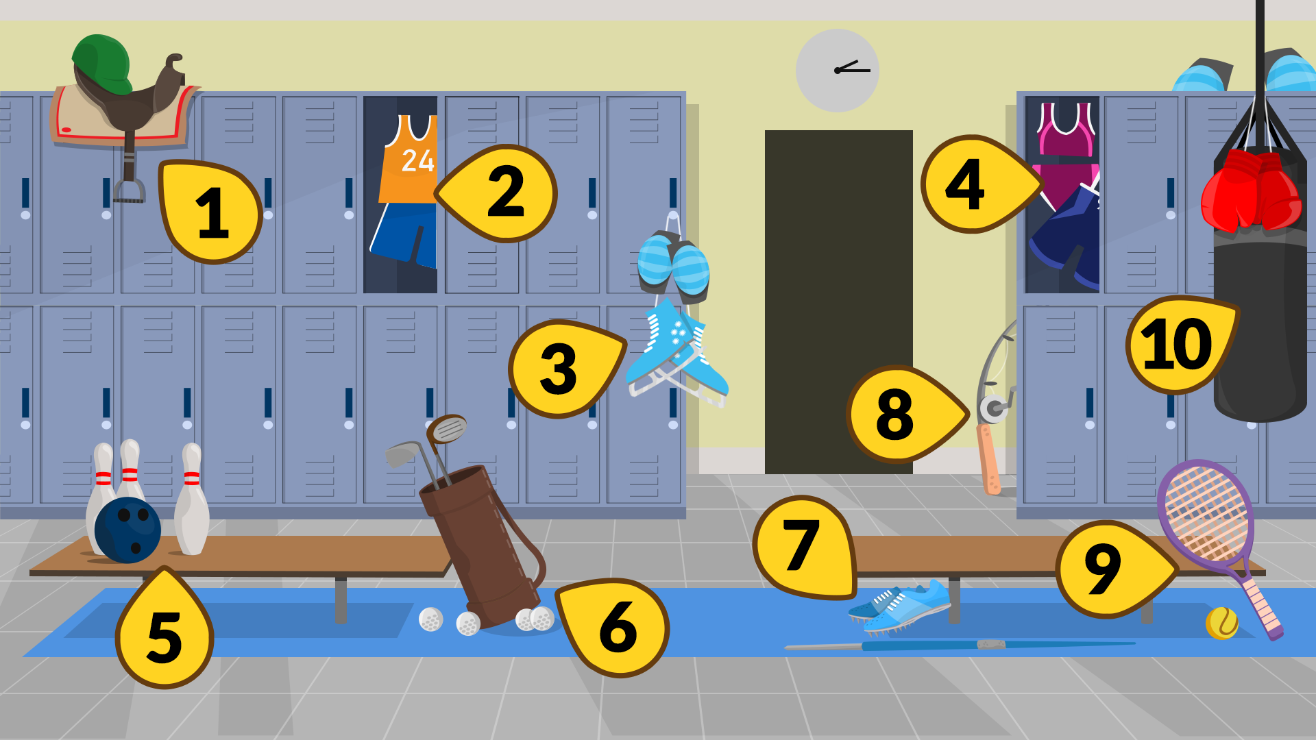 Gym locker room with sports equipment.