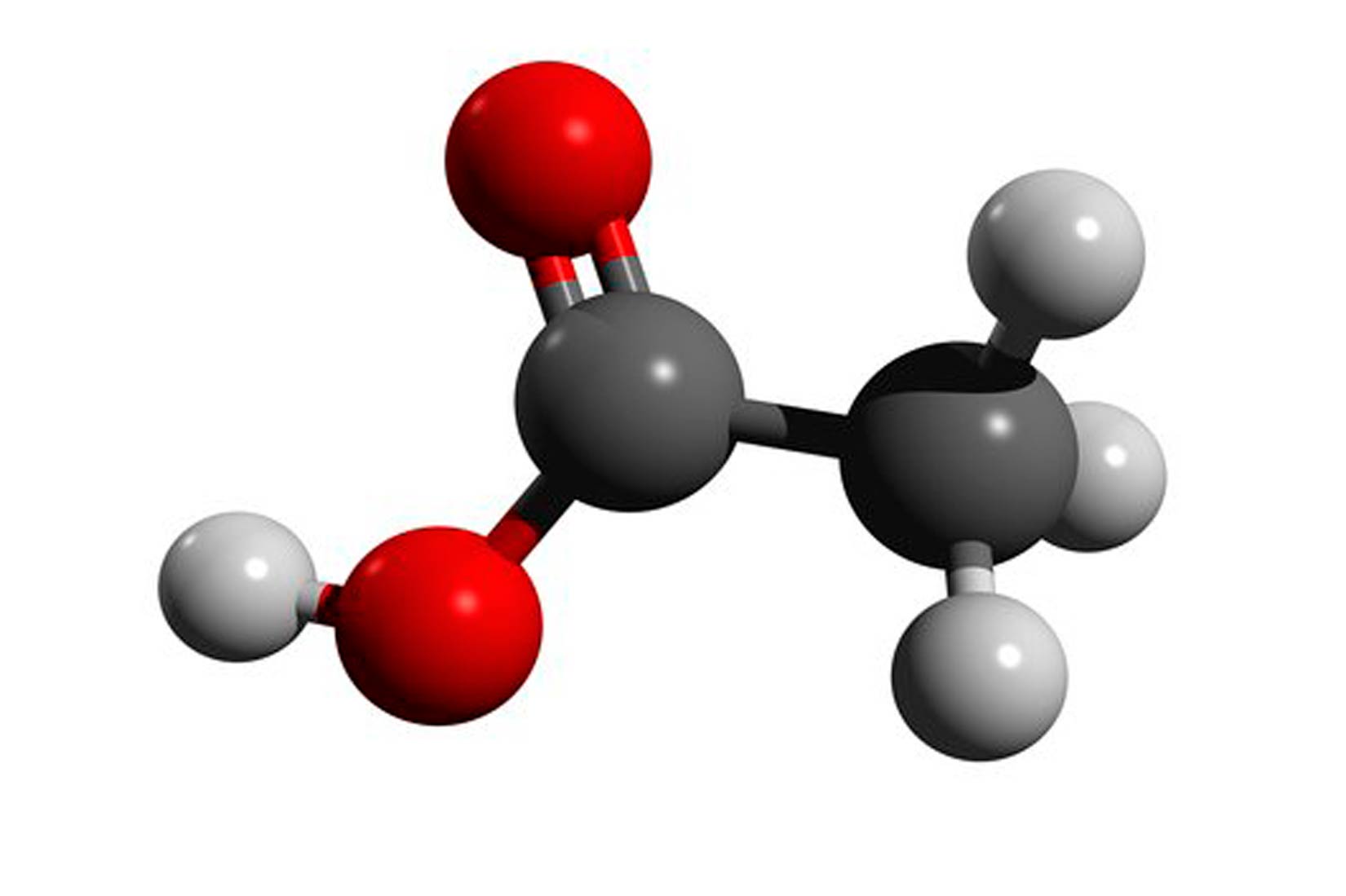 Fotografija prikazuje model molekule octene kiseline izrađen od kuglica i štapića. Molekula je izrađena od dvije sive, dvije crvene i četiri bijele kuglice. Crvene kuglice su povezane štapićima uz jednu sivu kuglicu, tri bijele kuglice su povezane uz drugu sivu kuglicu. Četvrta bijela kuglica štapićem je povezana uz jednu crvenu kuglicu.