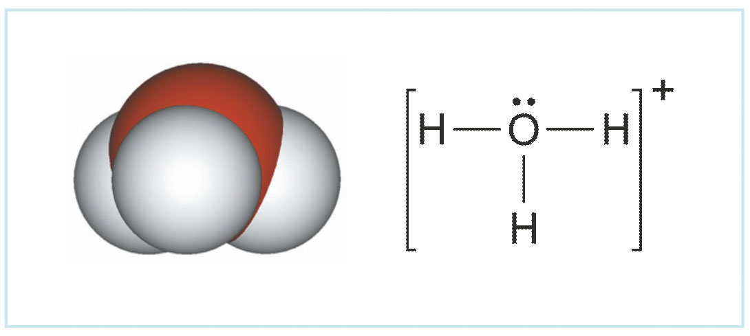 Fotografija prikazuje kalotni model i strukturnu formulu oksonijeva iona. Model molekule prikazan je u obliku trostrane piramide koja se sastoji od jedne velike crvene i tri manje bijele kuglice. Pored modela je prikazana strukturna formula.