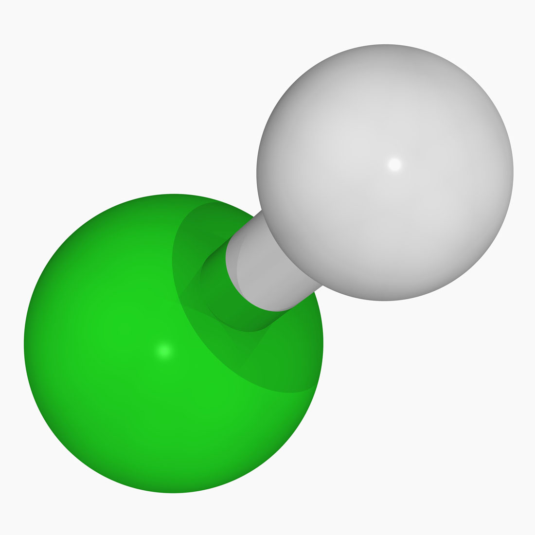 Fotografija prikazuje model molekule klorovodika načinjen od zelene kuglice klora i bijele kuglice vodika i štapića koji spaja dvije molekule.