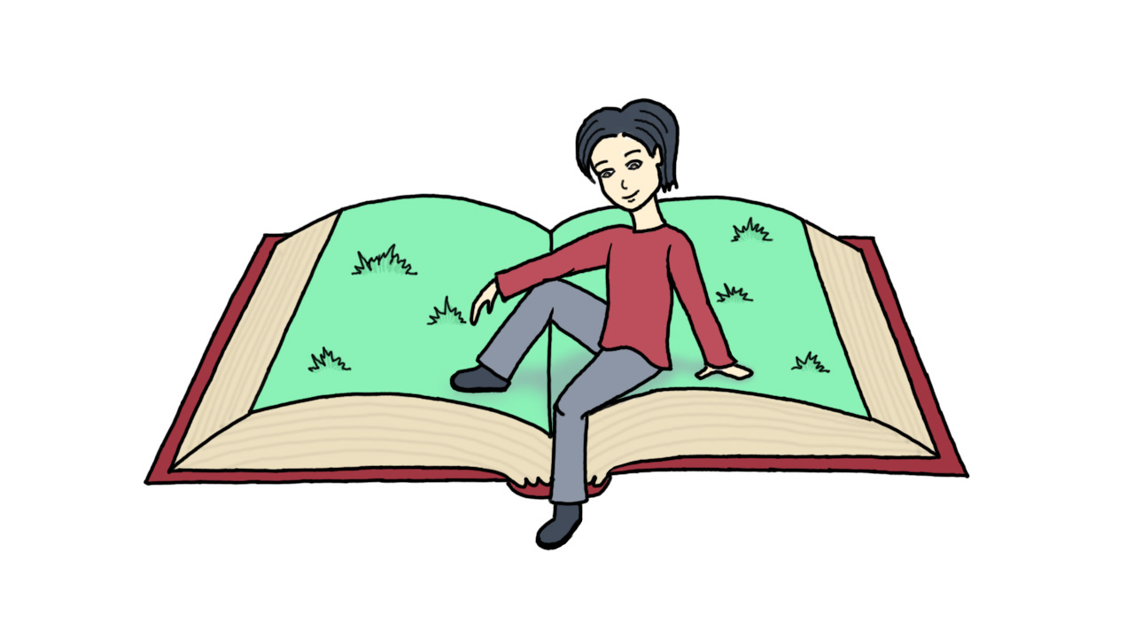 Rastvorena knjiga na stranicama koje sjedi djevojka kratke crne kose.