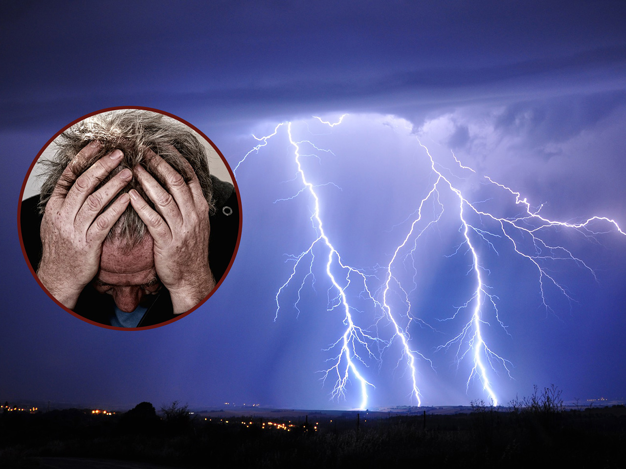 Olujni noćni prizor bljeska munje i muškarac u krugu ispod njih, montiran s druge slike, s glavom u dlanovima.