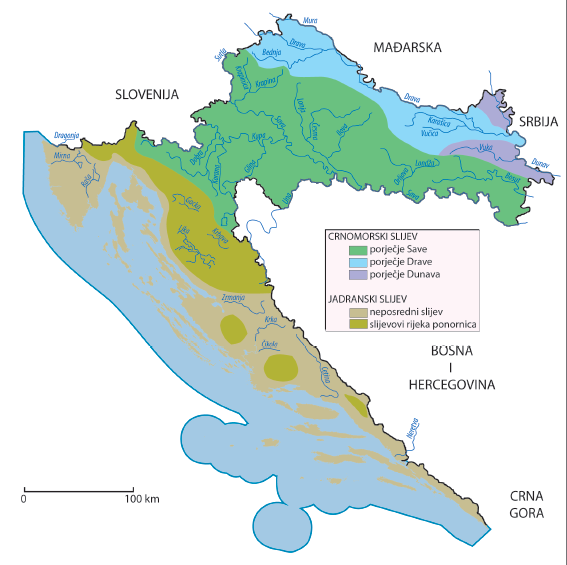 Karta Hrvatske sa sljevovima rijeka