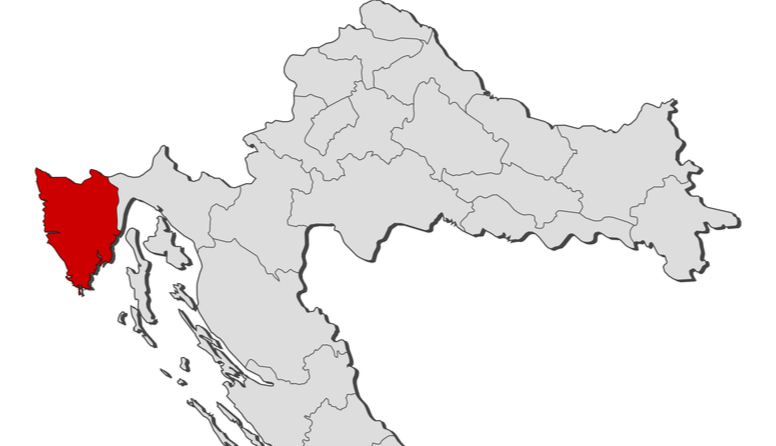 Dio karte Hrvatske na kojoj je crvenom bojom obojano područje Istre