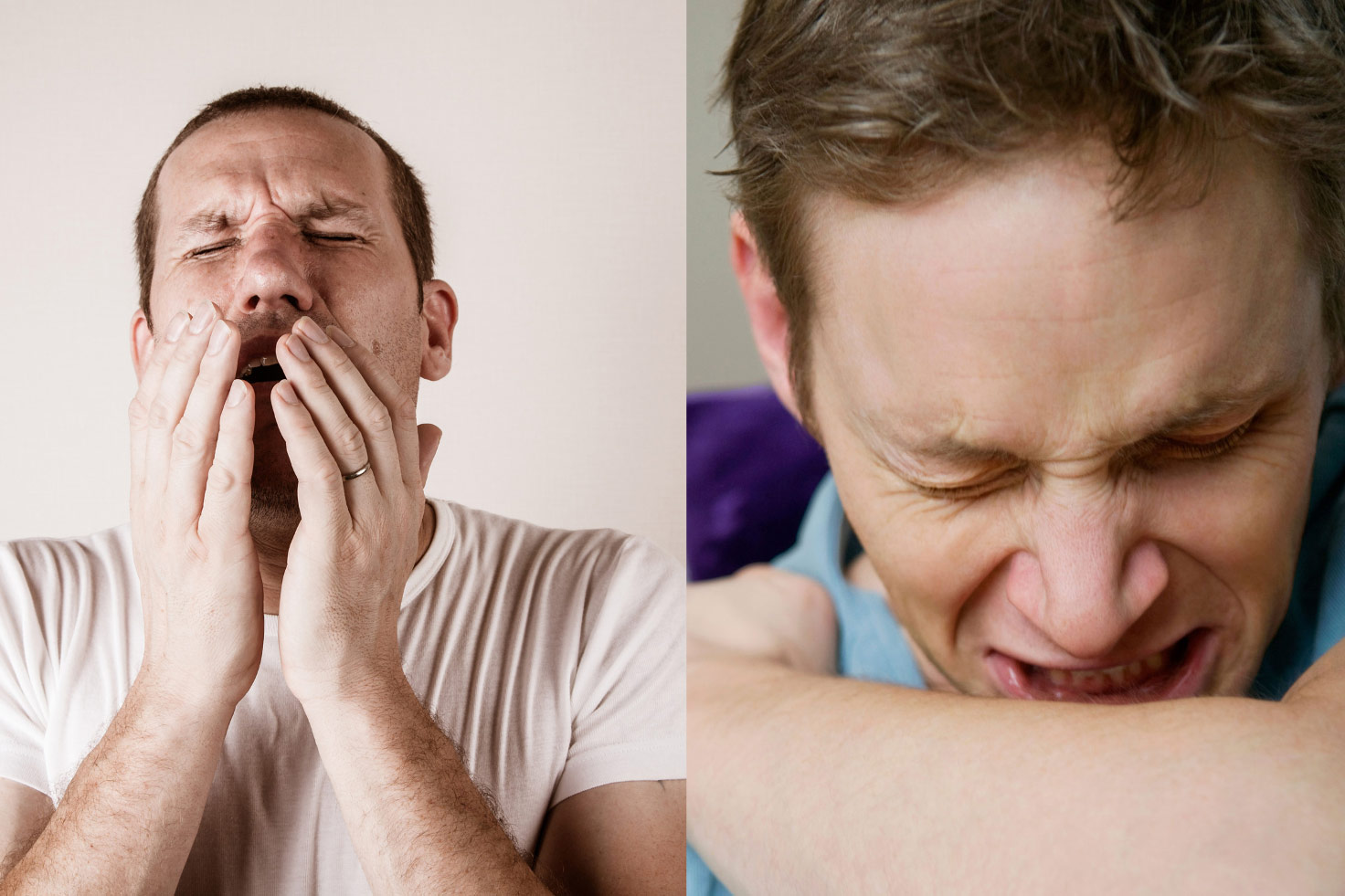 Na fotografiji je prikazana muška osoba koja kiše. Kako bi zaštitila svoju okolinu od prijenosa zaraznih bolesti usta je prekrila unutrašnjim dijelom podlaktice ruke. Prikazana je i fotografija muške osobe kako kiše. Kako bi zaštitila svoju okolinu od prijenosa zaraznih bolesti usta je prekrila dlanovima obje ruke.