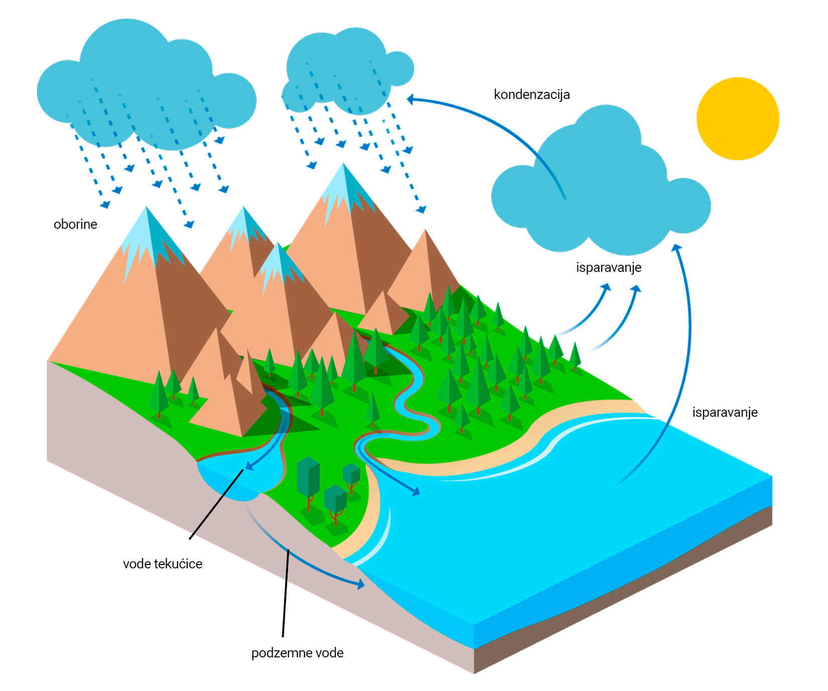 Slika prikazuje ciklus vode u prirodi. Na slici se nalaze kišni oblaci iznad planina, ocean iznad kojeg je sunce koje ga grije, te šume s rijekama ispod kojih se nalaze podzemne vode
