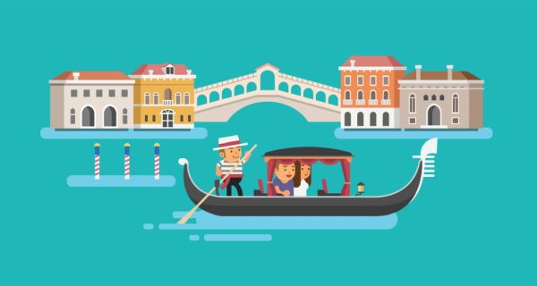 Na slici su prikazani gondola i most Rialto.
