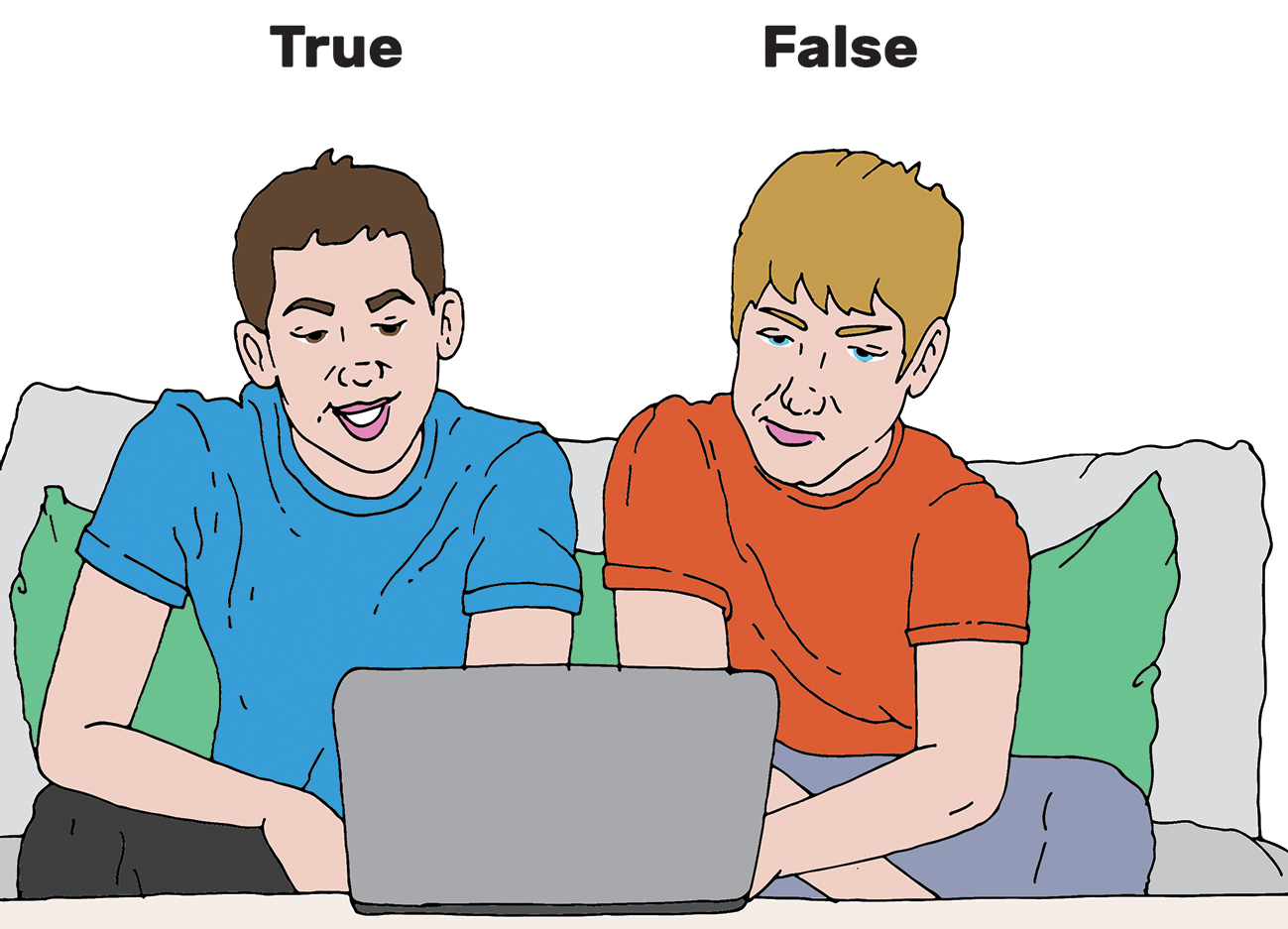 Josip i Šime sjede pred prijenosnim računalom s natpisima True i False iznad glava.