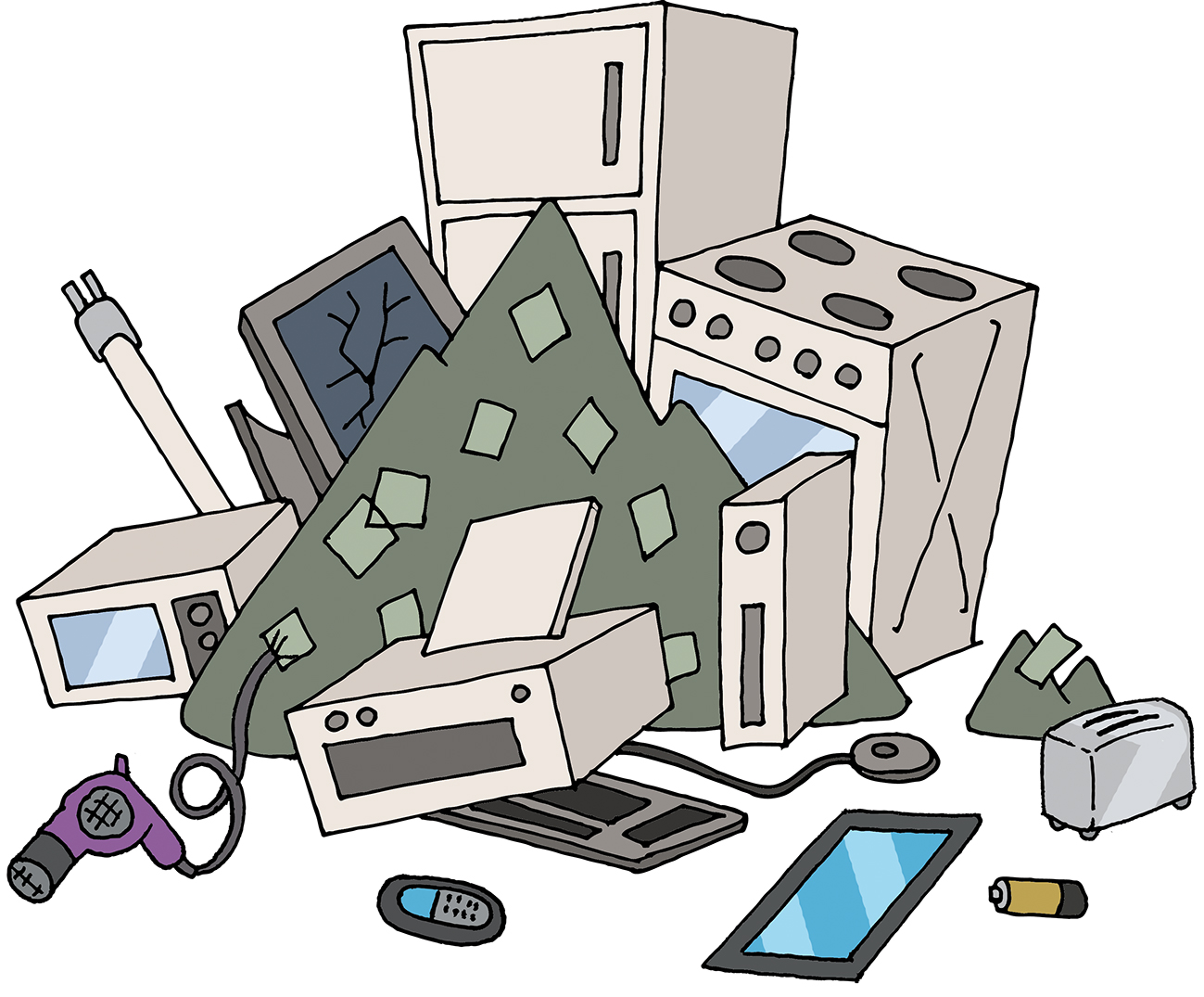 Odbačeni IKT i kućanski uređaji koji čine EE otpad. Tako možemo vidjeti: hladnjak, štednjak, toster, mikrovalnu pećnicu, sušilo za kosu, monitor oštećenog zaslona, kućište, tablet, bateriju, tipkovnicu, miš, pisač i mobitel.