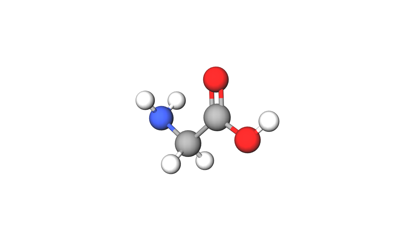 Prikaz modela molekule aminokiseline glicina načinjen od kuglica i štapića. Na dva atoma ugljika vežu se atomi vodika, kisika i dušika.