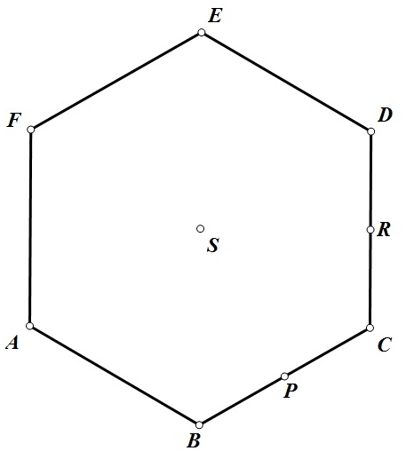 Slika prikazuje pravilni šesterokut ABCDEF, točke P i R koje su polovišta stranica BC i CD te točku S koja je središte tom šesterokutu opisane kružnice.