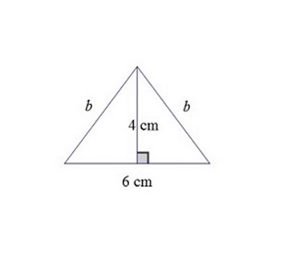 Na slici je jednakokračni trokut s krakovima duljine b, visinom na osnovicu duljine 4  i osnovicom duljine 6.