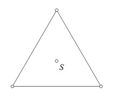 Na slici je jednakostranični trokut s istaknutim njegovim središtem.
