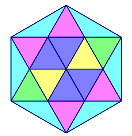 Na slici je figura oblika pravilne šesterokrake zvijezde podijeljen na 12 sukladnih jednakostraničnih trokuta različito obojanih.ijeljen