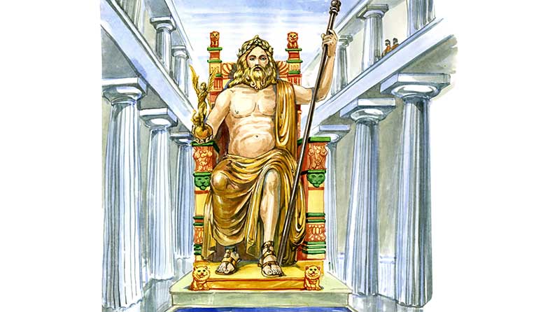 Zeus sjedi na bogato ukrašenom prijestolju između niza dvorednih stupova. Prikazan je kao jak čovjek duge plave kose, s brkovima uraslim u dugu  gustu bradu. Na glavi nosi vijenac od listova. Djelomično je prekriven plaštom. U jednoj ruci drži dugačak metalni štap, a u drugoj zlatnu kuglu s božicom s krilima.